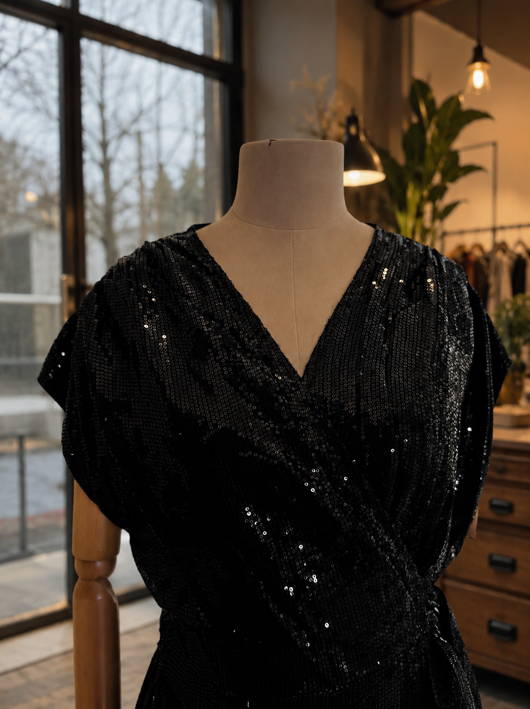 Women Black Sequins Wrap around Dress
