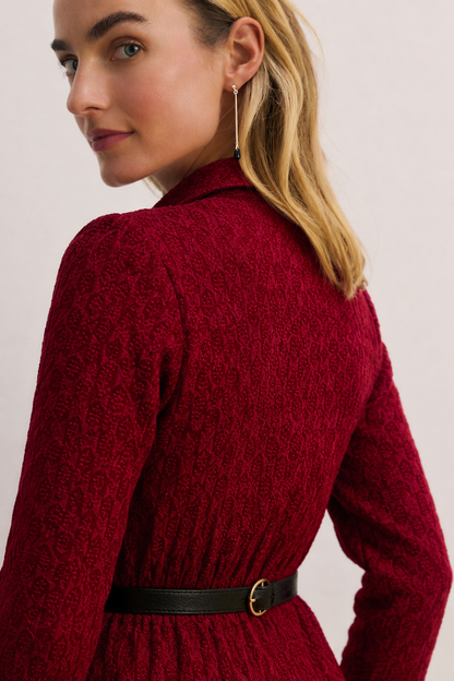 Women Maroon Embroidered Shirt Midi Dress