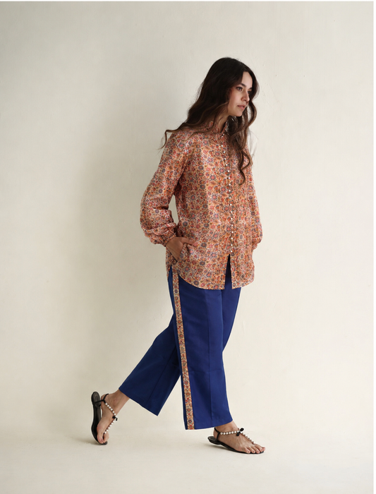 Women Floral Linen Top with Trouser Set
