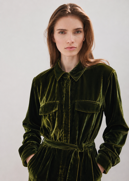 Women Olive Green Solid Velvet Basic Jumpsuit