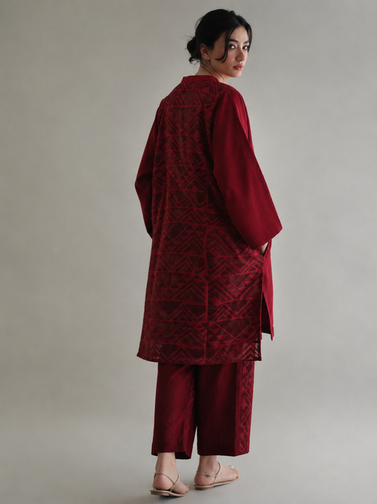Women Maroon paneled Kurta Set