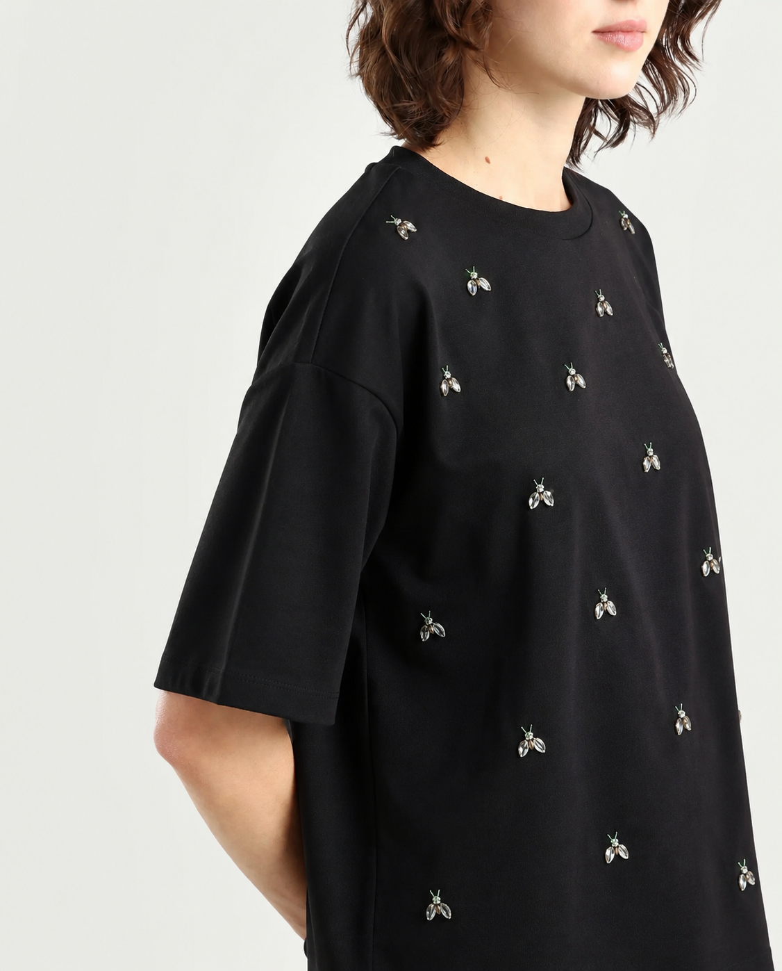 Women Black Embellished Tshirt