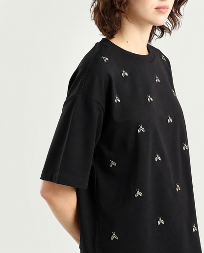 Women Black Embellished Tshirt