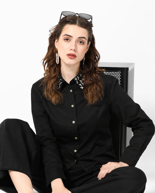 Women Black embellished Collar Slim Fit Shirt
