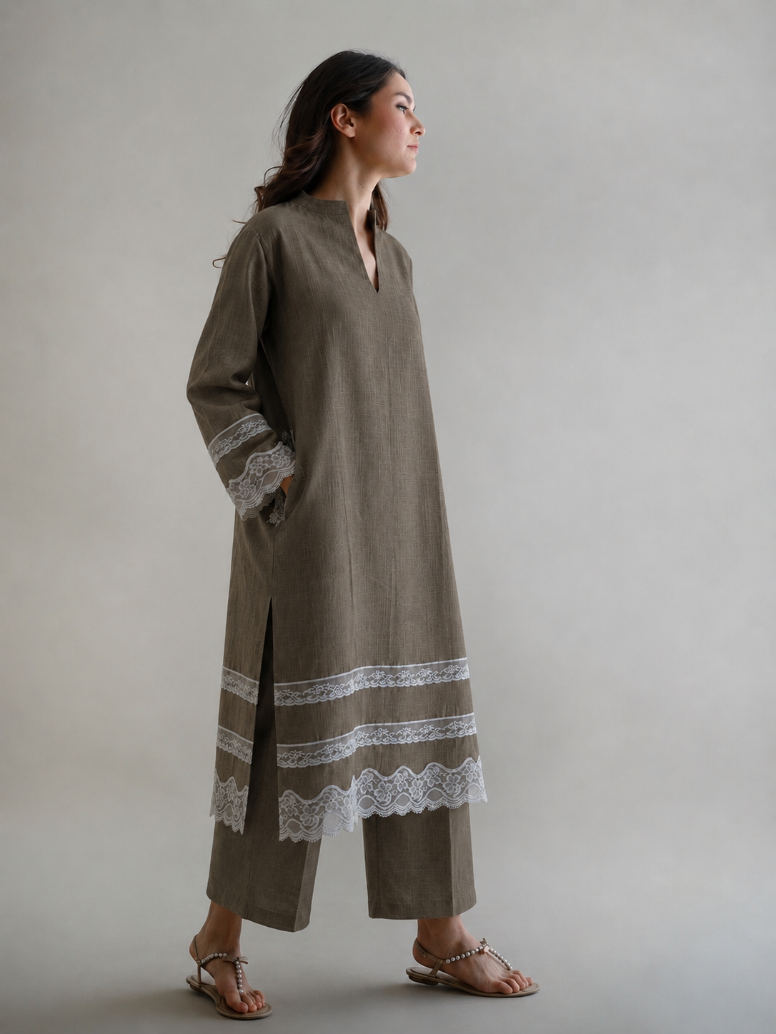 Women Taupe Lace Detailed Kurta Set