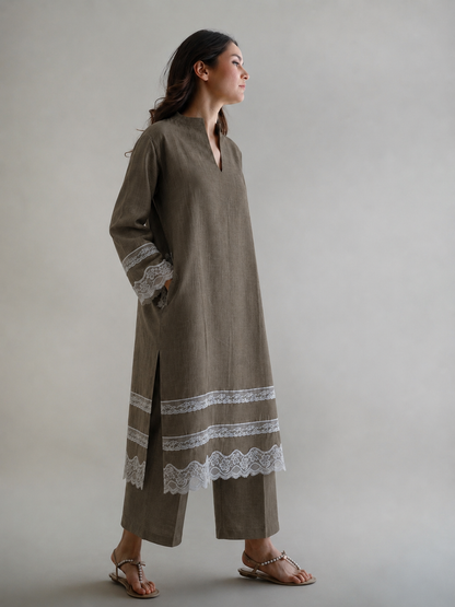 Women Taupe Lace Detailed Kurta Set