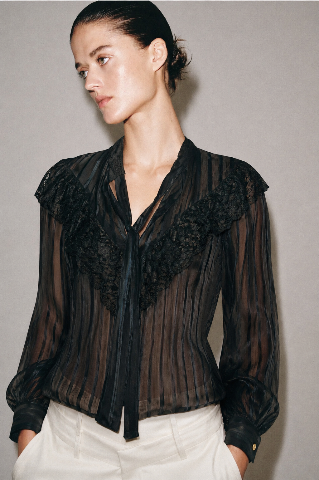 Women Black Striped Georgette Frill Top