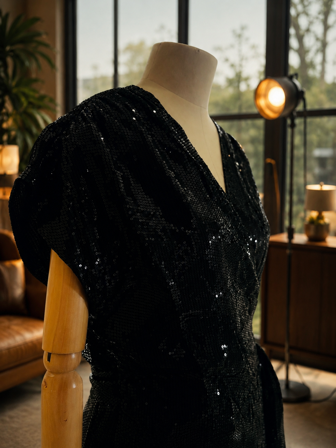 Women Black Sequins Wrap around Dress