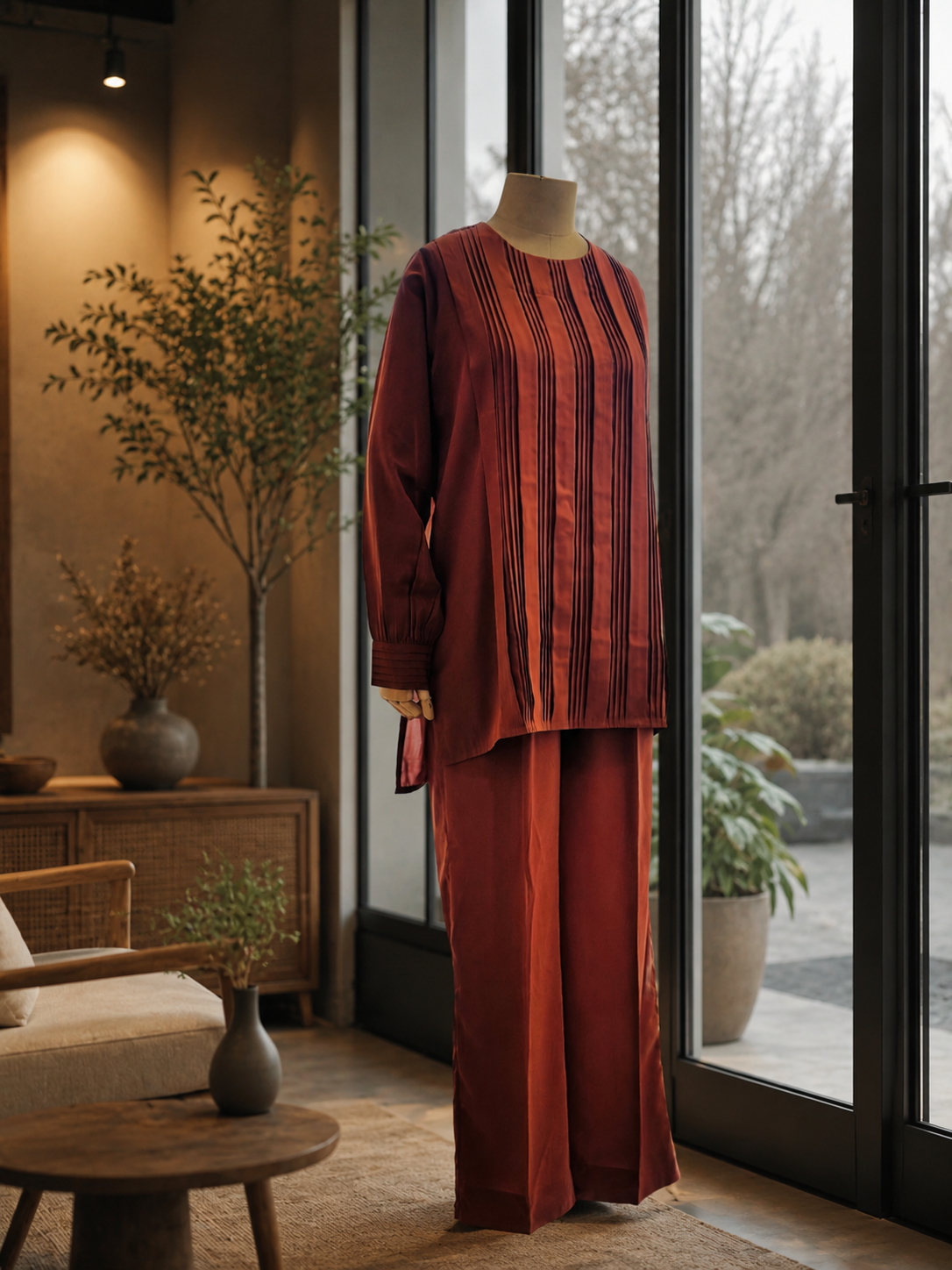 Women Brown Pleated Coord Set