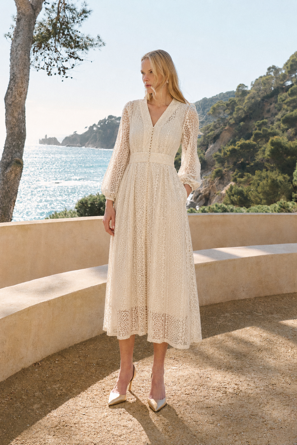 Women Off White Puff Sleeves Lace A-line Midi Dress