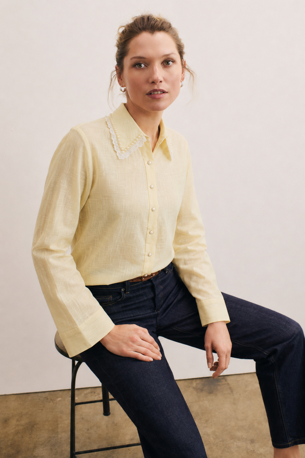 Women yellow hand embroidered Pure Cotton Slim Fit Shirt