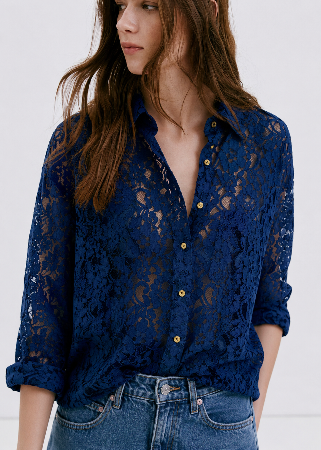 Women Navy Blue Lace Shirt