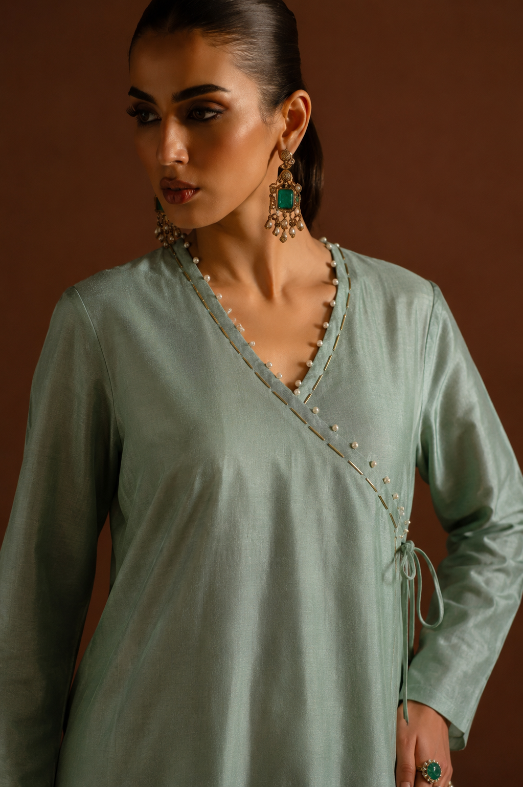 Women Pista green Hand Embroidered Angarkha Kurta Set