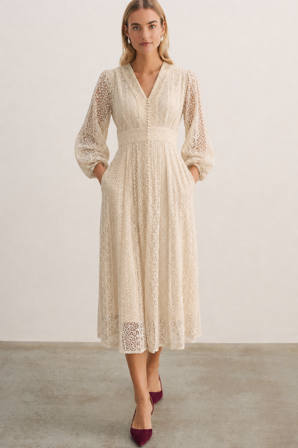 Women Off White Puff Sleeves Lace A-line Midi Dress
