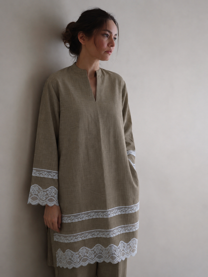 Women Taupe Lace Detailed Kurta Set