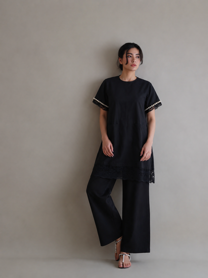 Women Black Peal Embellished Co-ord