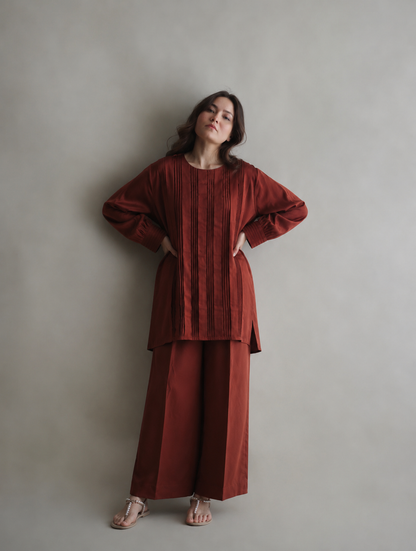 Women Brown Pleated Coord Set