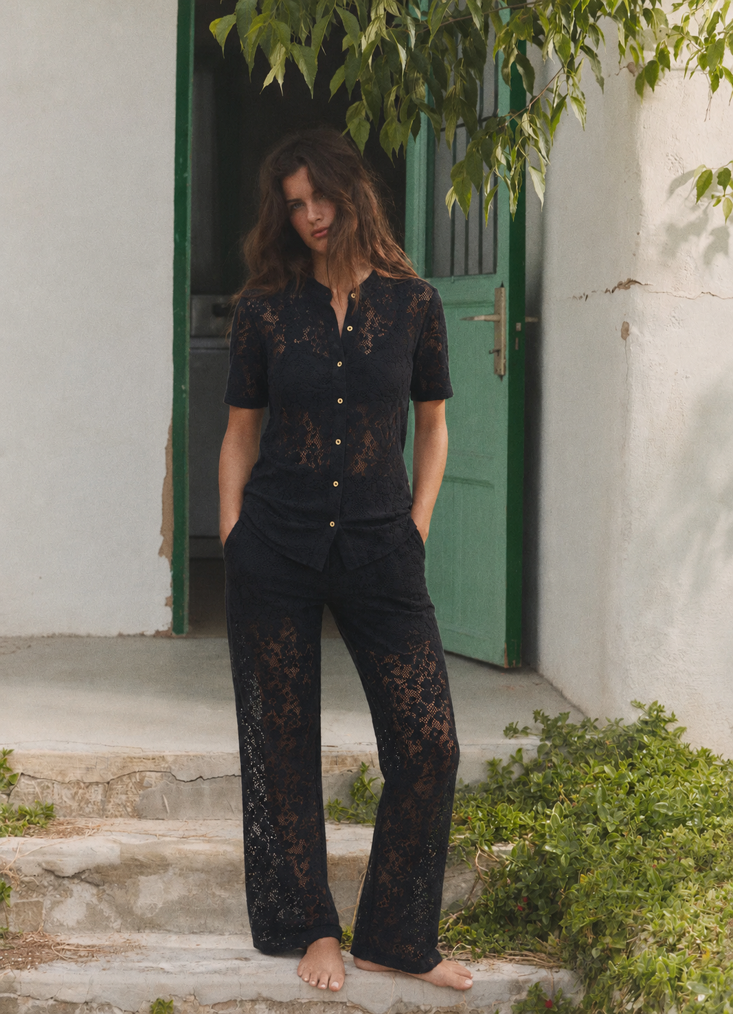 Women Black Crochet-look Coordinate Set