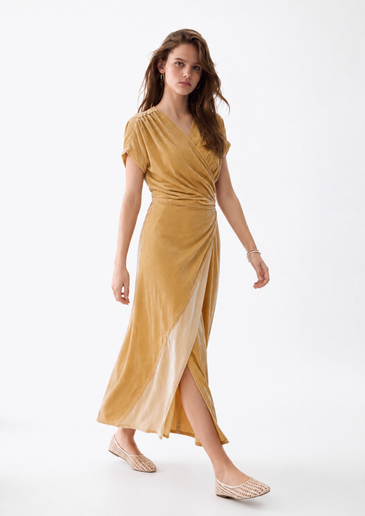 Women Beige Velvet Beige Wrap Dress