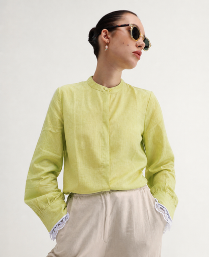 Women Green Regular fit solid mandarin collar cotton shirt