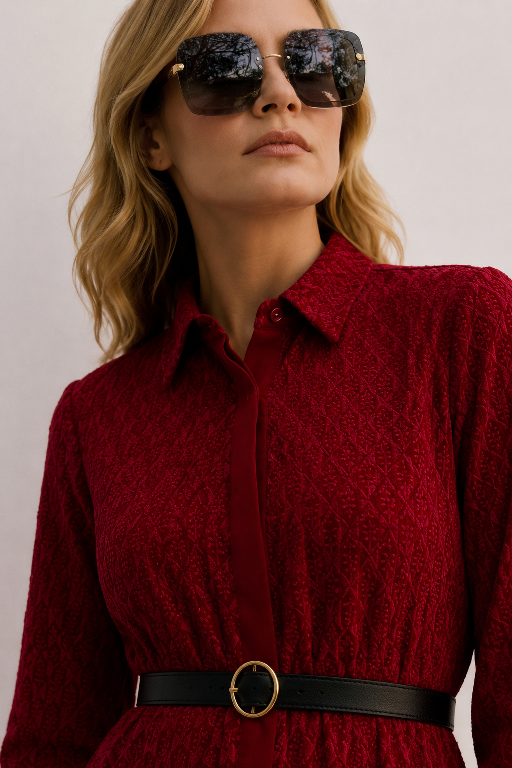 Women Maroon Embroidered Shirt Midi Dress