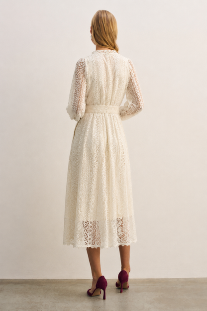 Women Off White Puff Sleeves Lace A-line Midi Dress