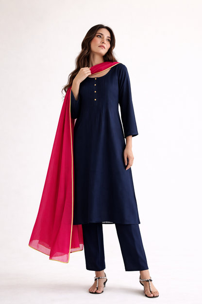Women Navy Blue Kurta Set with Dupatta