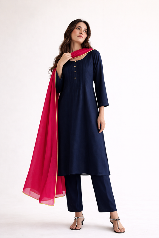 Women Navy Blue Kurta Set with Dupatta