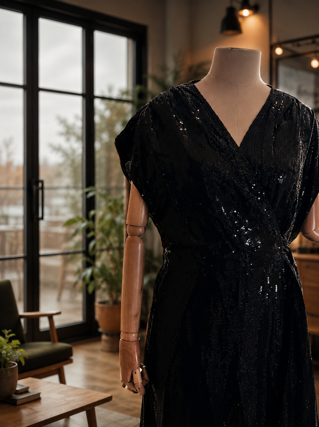 Women Black Sequins Wrap around Dress