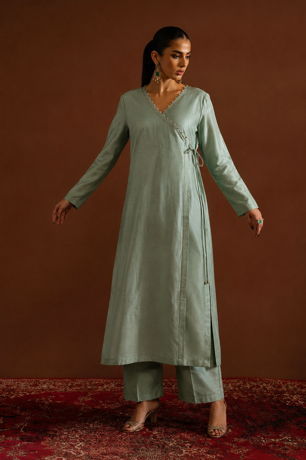 Women Pista green Hand Embroidered Angarkha Kurta Set