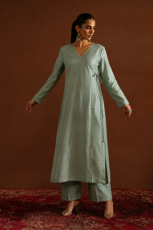 Women Pista green Hand Embroidered Angarkha Kurta Set