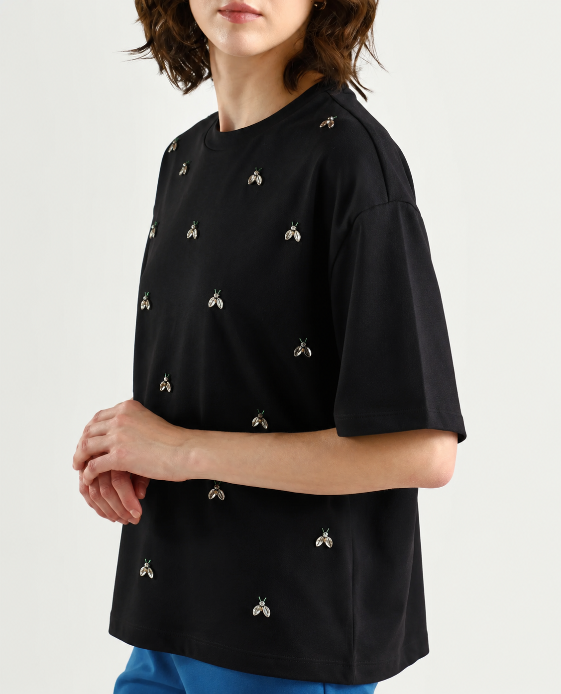 Women Black Embellished Tshirt