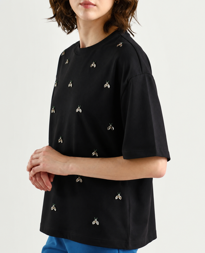 Women Black Embellished Tshirt
