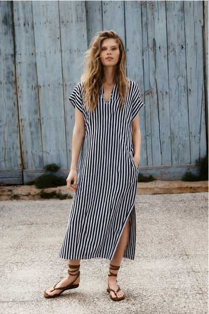 Women Black and White Striped Sustainable Cotton Embellished Shift Midi Dress