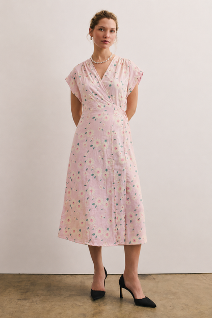 Women Pink Pearl Embellished  Wrap Dress