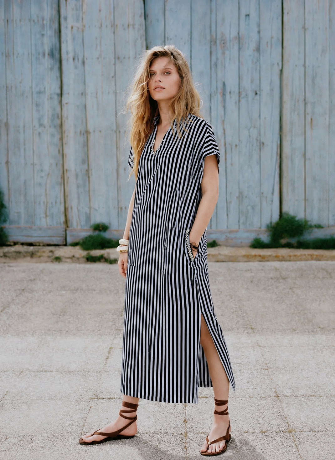 Women Black and White Striped Sustainable Cotton Embellished Shift Midi Dress