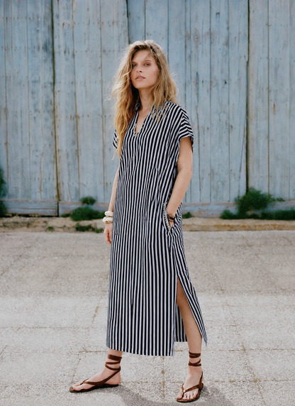 Women Black and White Striped Sustainable Cotton Embellished Shift Midi Dress