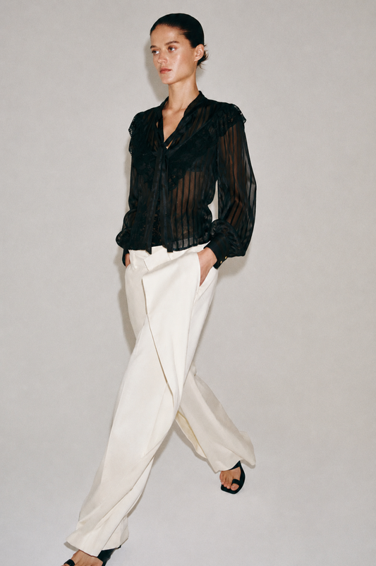 Women Black Striped Georgette Frill Top