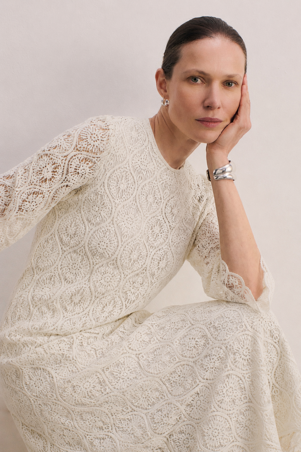 Women Off-white Lace Embroidered Maxi Dress
