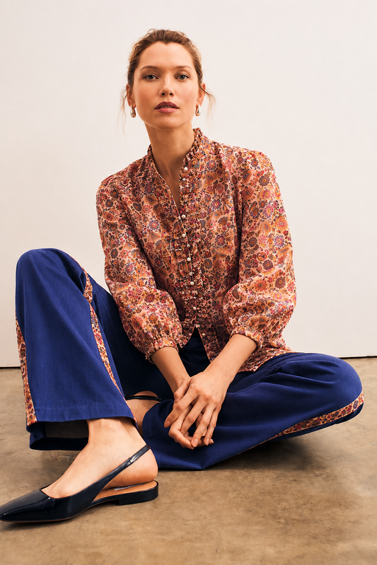 Women Floral Linen Top with Trouser Set
