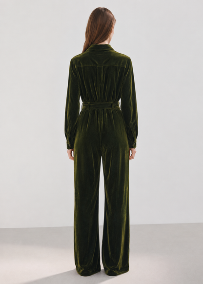 Women Olive Green Solid Velvet Basic Jumpsuit