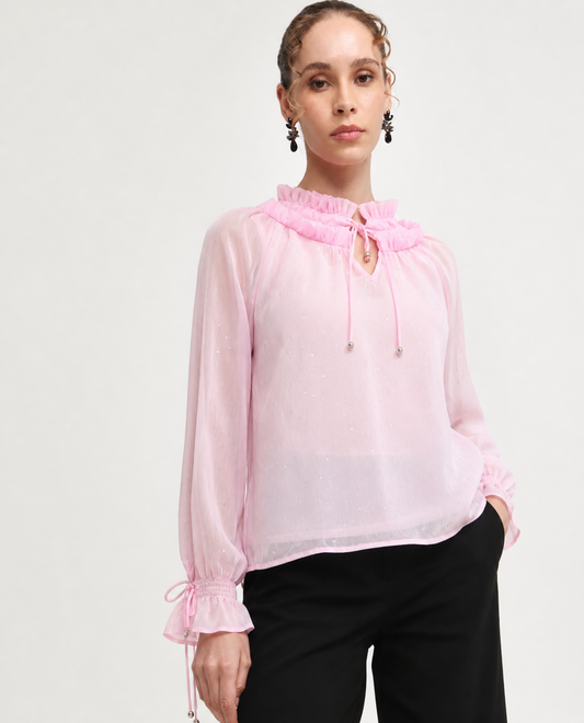 Women Pink Tie up Neck Ruffles Top