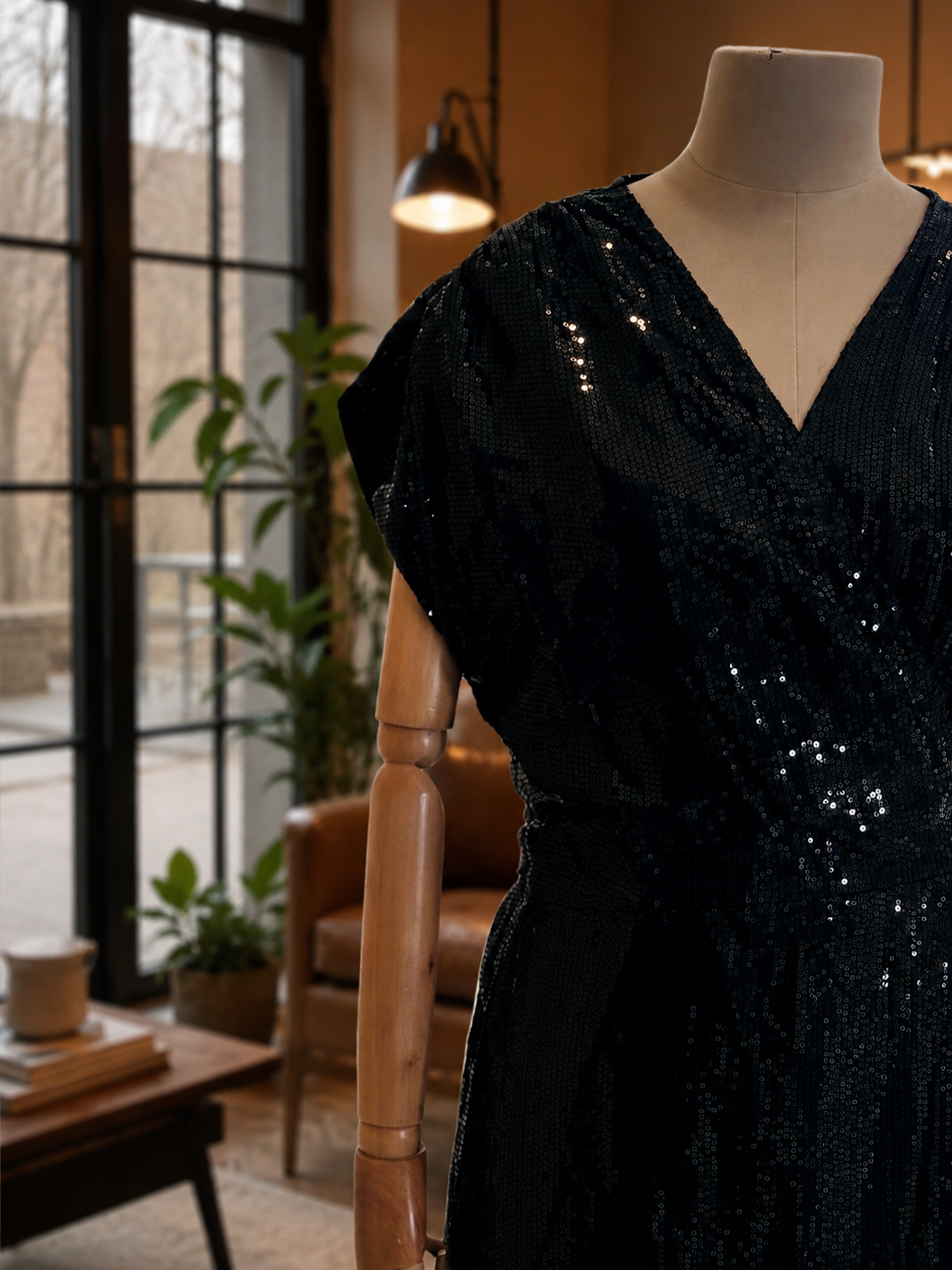 Women Black Sequins Wrap around Dress