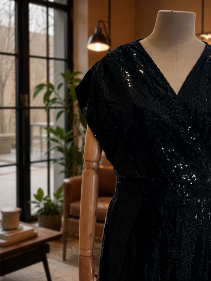 Women Black Sequins Wrap around Dress