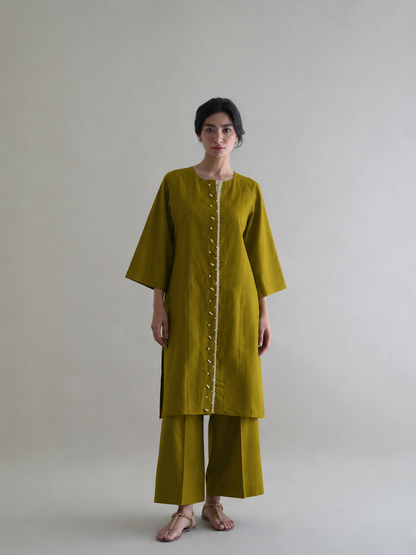Women Olive Pearl Embellished Kurta Set