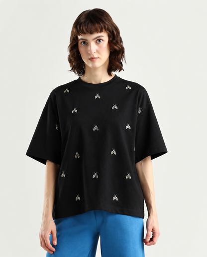 Women Black Embellished Tshirt