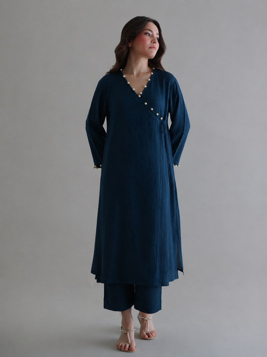 Women Teal Blue Pearl Embellished cotton Kurta Set