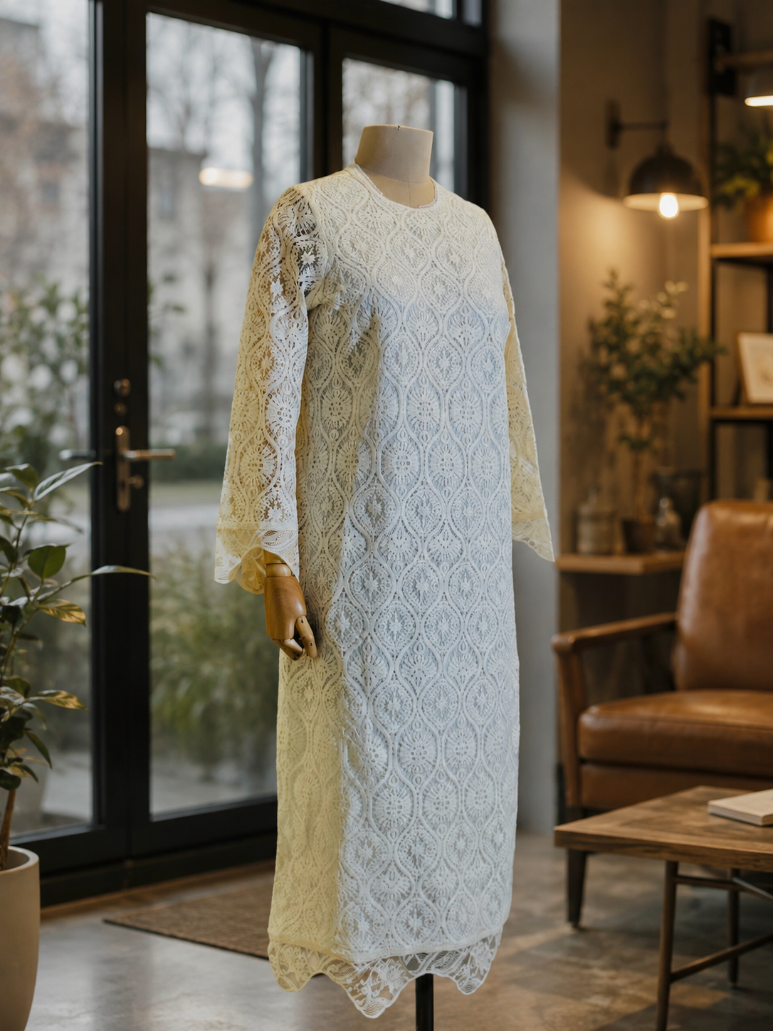 Women Off-white Lace Embroidered Maxi Dress