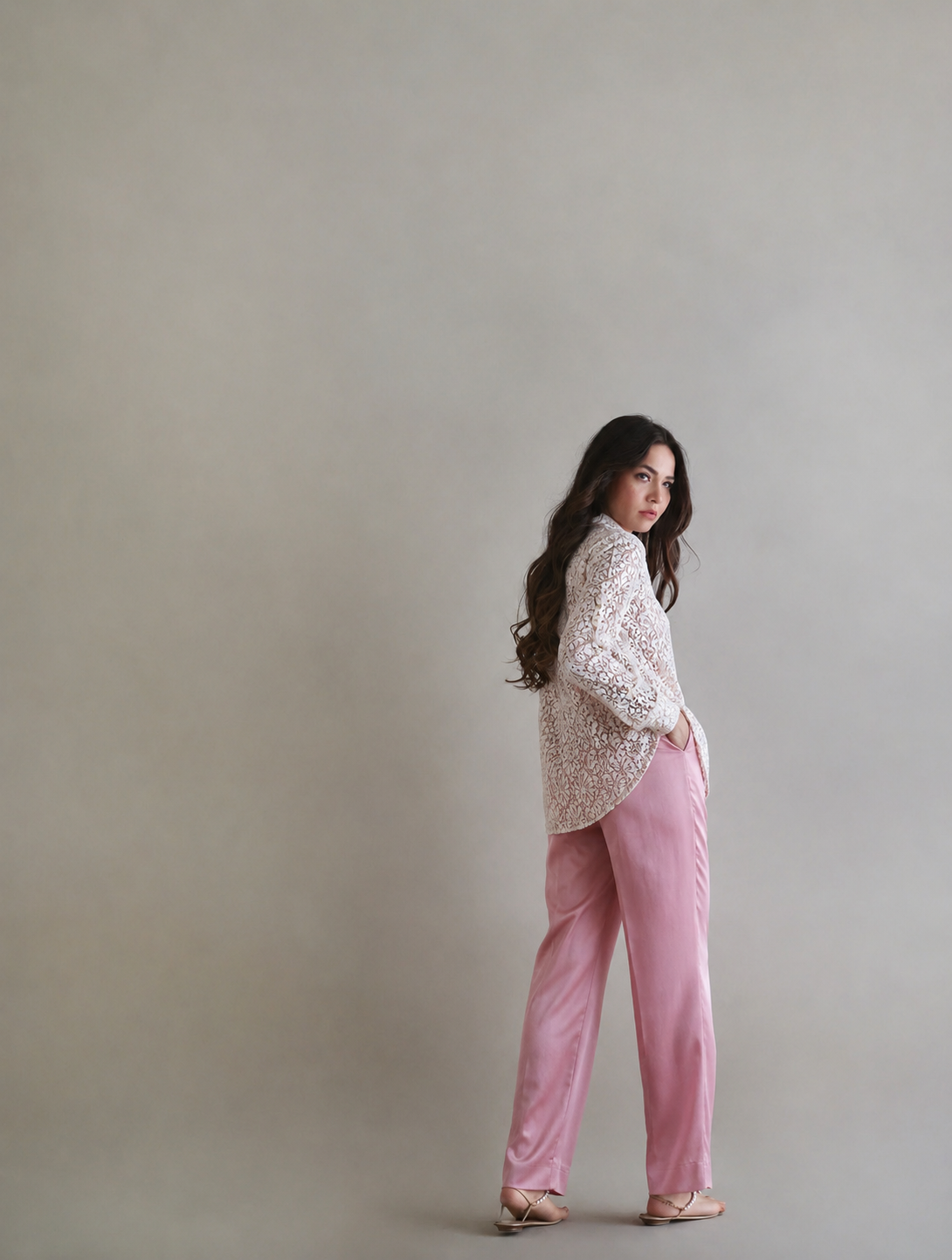 Women Off White Pink Lace Shirt and Bottom
