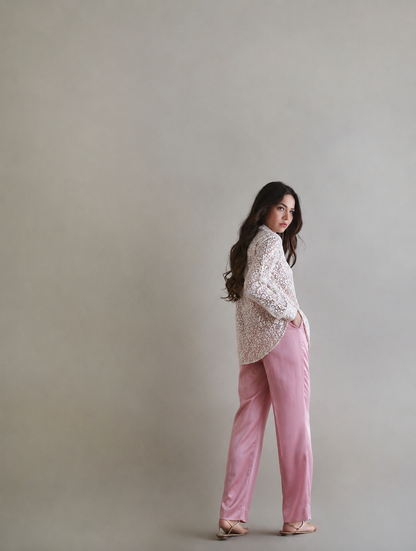 Women Off White Pink Lace Shirt and Bottom